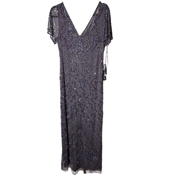 NWT Pisarro Nights Beaded Short Mesh Sheath Dress Slate Gray Size 8 - Picture 5 of 8